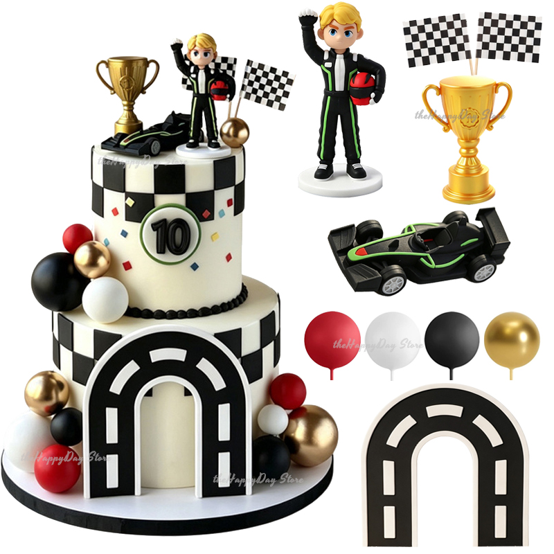 Lighting Mcqueen Birthday Decor - 26-1個入りレーシングカーケーキデコレーション、レースカードライバートロフィーボールケーキトッパー、2つの高速度記録を誇る誕生日、ベビーシャワー、カップケーキデコレーション用