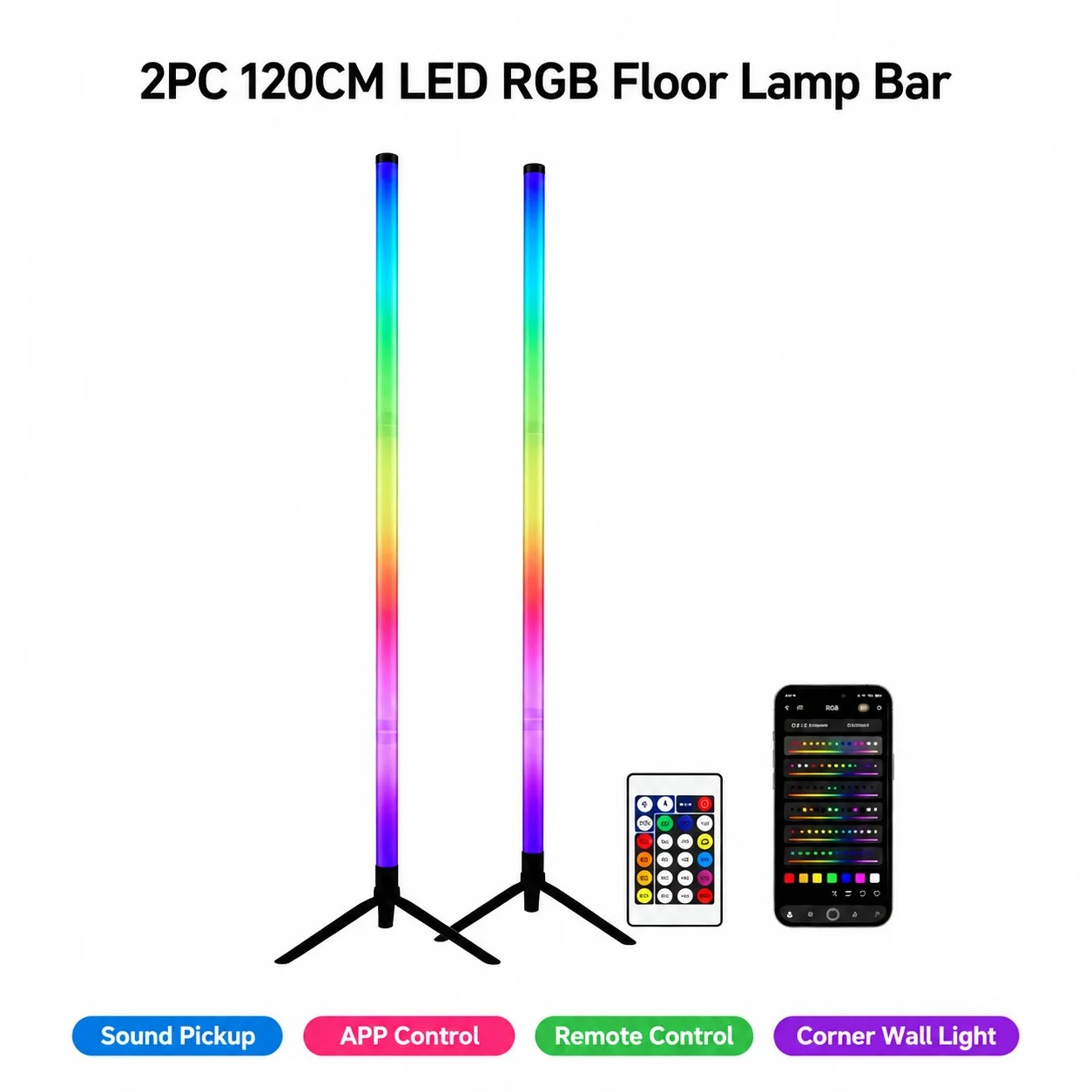 Decor Lighting Pack - 2パックRGB LEDコーナーフロアランプ、120CMサウンド起動ライトバー、ゲームルーム寝室装飾用アンビエント照明