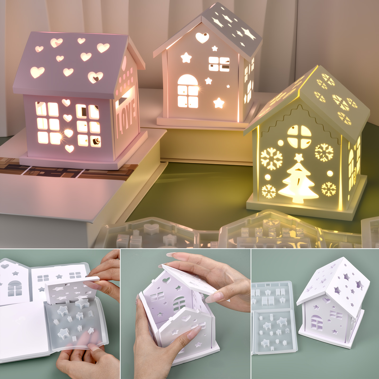 Candle Holder Set - 3Dハウスシリコンモールド DIY クリスマスツリー ラブスター ハウスオーナメント デコレーション