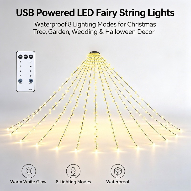 Lighting Decor Wedding - USB LED フェアリーストリングライト、防水クリスマスツリーライト、8つの照明モード付き、庭や結婚式の装飾に最適