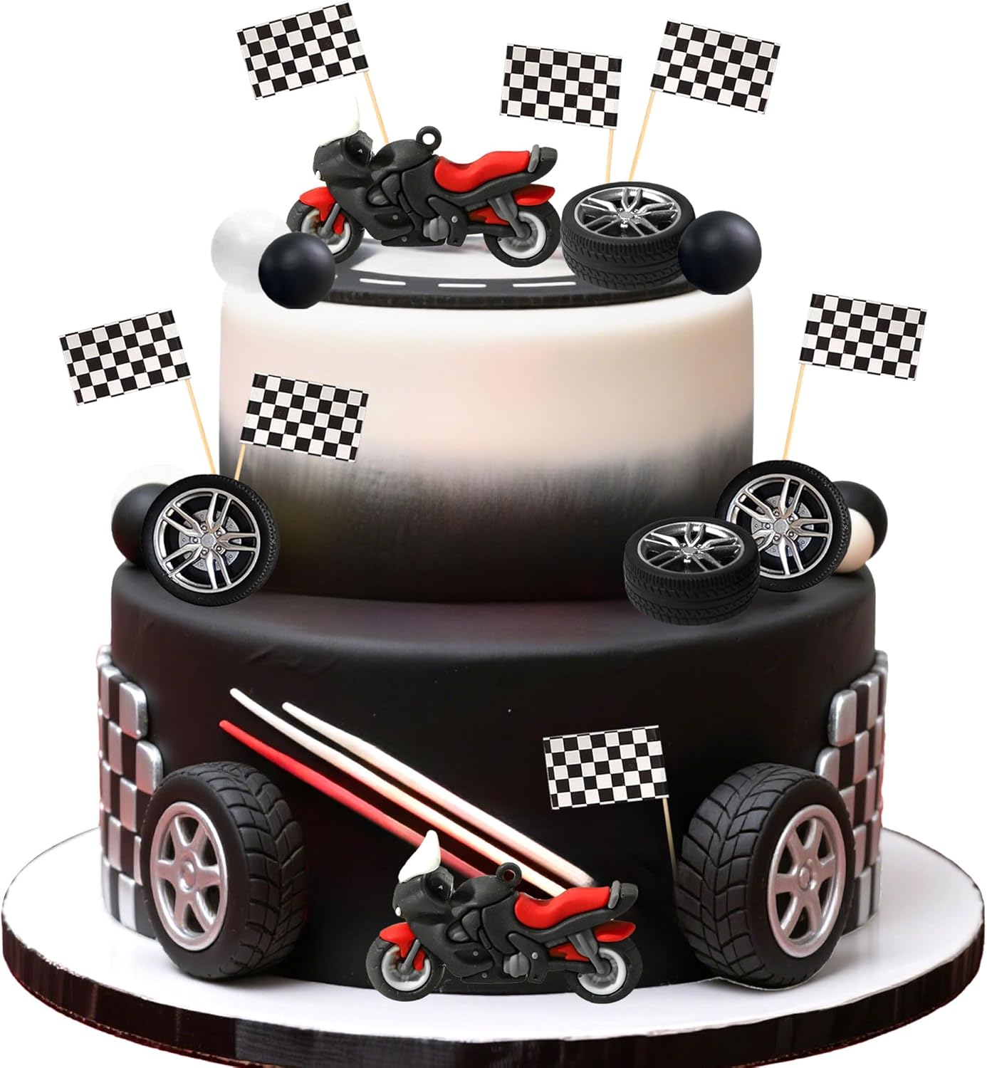 Lighting Mcqueen Birthday Decor - 23個入りバイクケーキトッパーデコレーション、ミニバイクタイヤチェッカーフラッグピック、ダートバイク誕生日用レーシングテーマケーキデコレーション