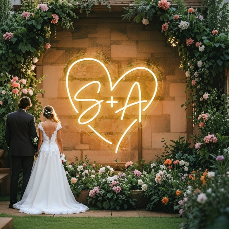 Lighting Decor Wedding - カスタムイニシャルハートLEDネオンサイン、結婚式パーティーの背景、家の壁の装飾、カップルへのギフト用のパーソナライズされたネームネオンライト