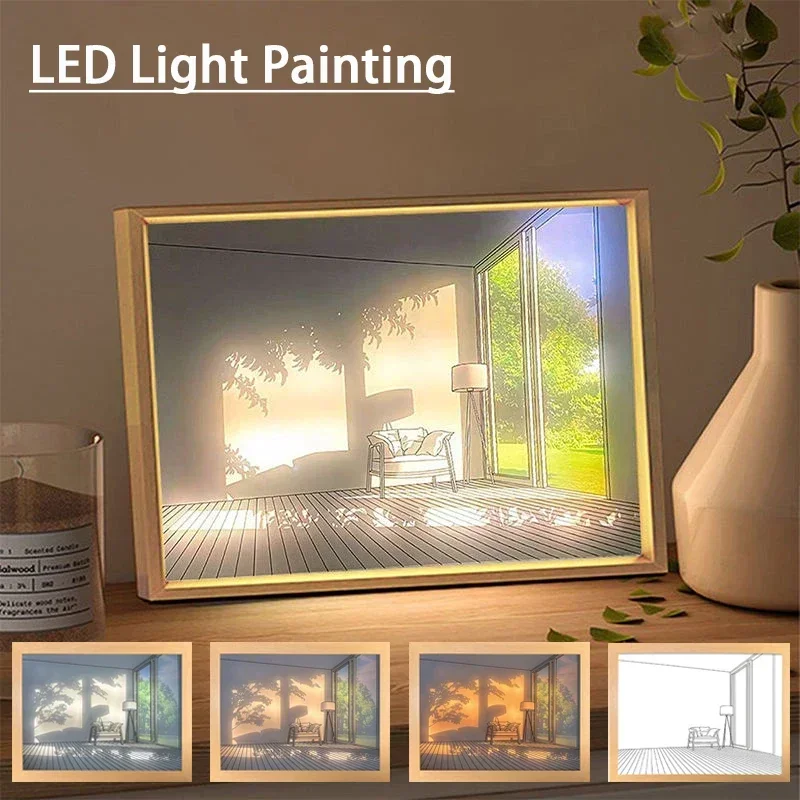 Lighting Room Decor Photo - 装飾 LED ライト絵画 USB プラグ調光壁アートワークテーブルランプギフト屋内太陽光窓木製写真夜発光