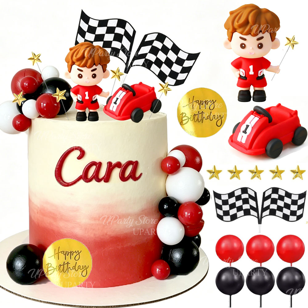 Lighting Mcqueen Birthday Decor - 赤いレーシングカーのケーキトッパー、赤白黒のボール、チェッカーフラッグ、レースカーのケーキデコレーション、誕生日、ファストワンパーティーの飾り付けに