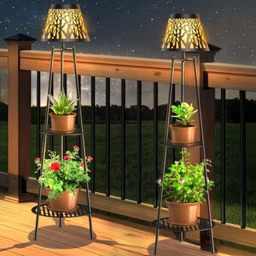 Decor Lighting Pack - 2パック屋外ソーラーフロアランプ、植物スタンド付き、防水メタルガーデンライト、2段棚付き、装飾LEDコードレスパット