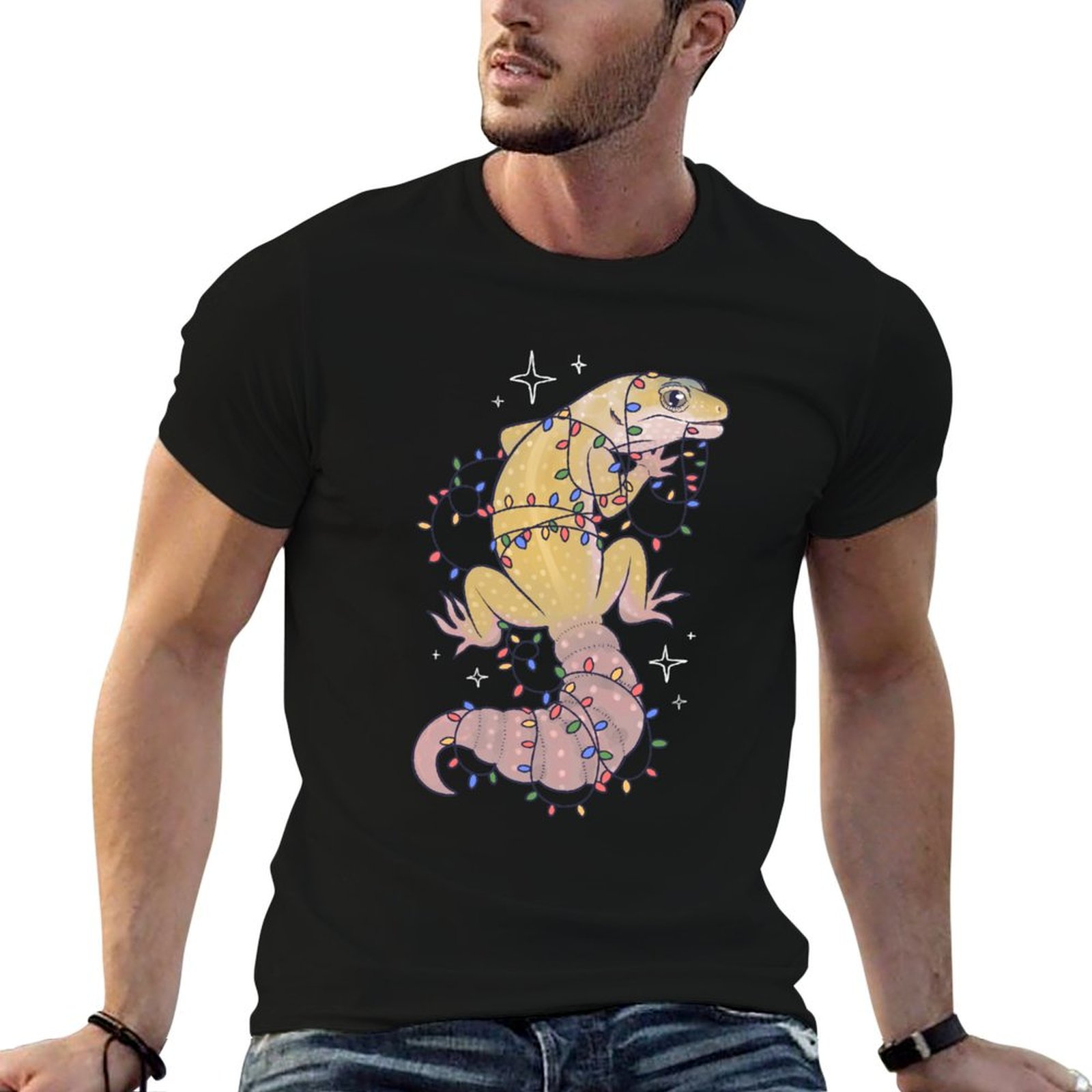 Gecko Lighting & Decor - レオパードゲッコーとホリデーライトのTシャツ シンプルな無地クルーネックTシャツ