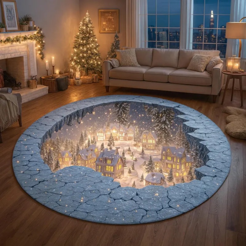 Bathroom Lighting Decor Ideas - 3D クリスマス村ラグ 冬の雪の街カーペット 居心地の良いホリデーフロアマット 光るライト クリスマスホームデコレーション
