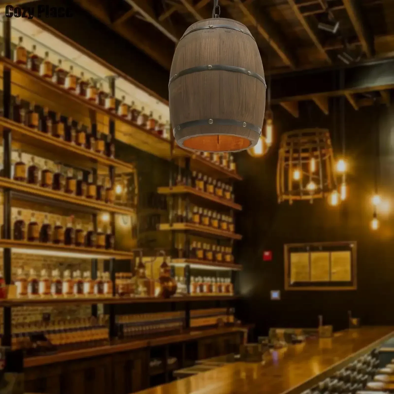 Room Decor Lighting Lamp - 素朴なランプヴィンテージシャンデリア木製ペンダントライトワイン樽吊り下げランプ家の装飾リビングルームバーカフェ照明E26