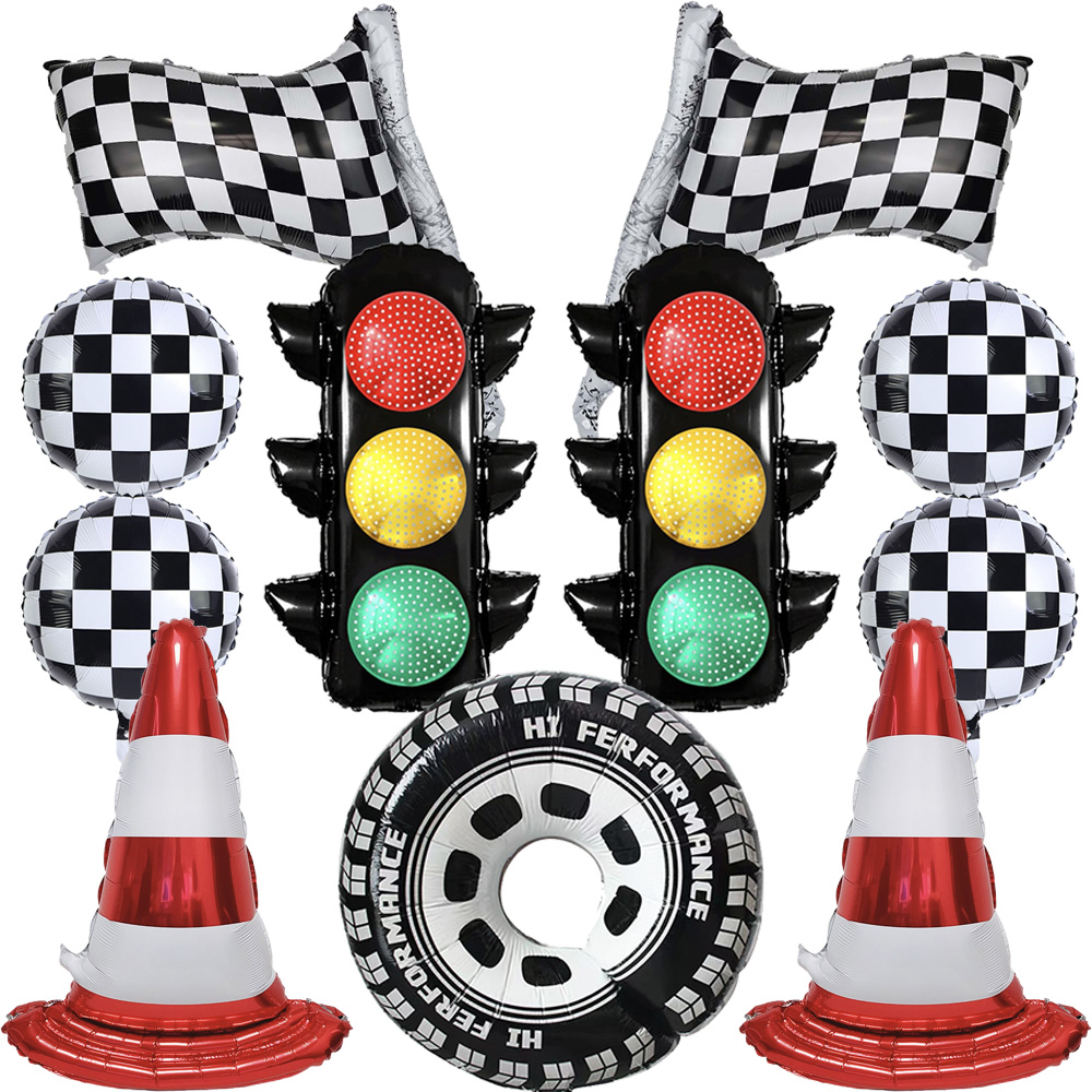 Lighting Mcqueen Birthday Decor - レーシングカーの誕生日パーティーの装飾、信号機、トラフィックコーン、チェッカーフラッグ、ホイール、バルーン、子供用車の誕生日パーティー用品