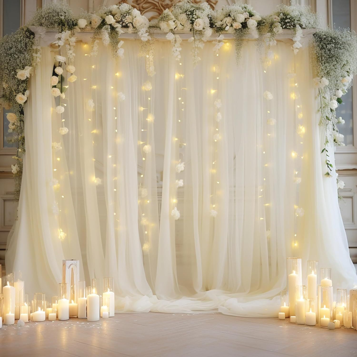 Decor Lighting Pack - 1パックのウェディングチュール背景セット、2個の1.6×3Mのシアードレープと3×3MのUSBストリングライト付き、ブライダルパーティーの写真背景装飾用