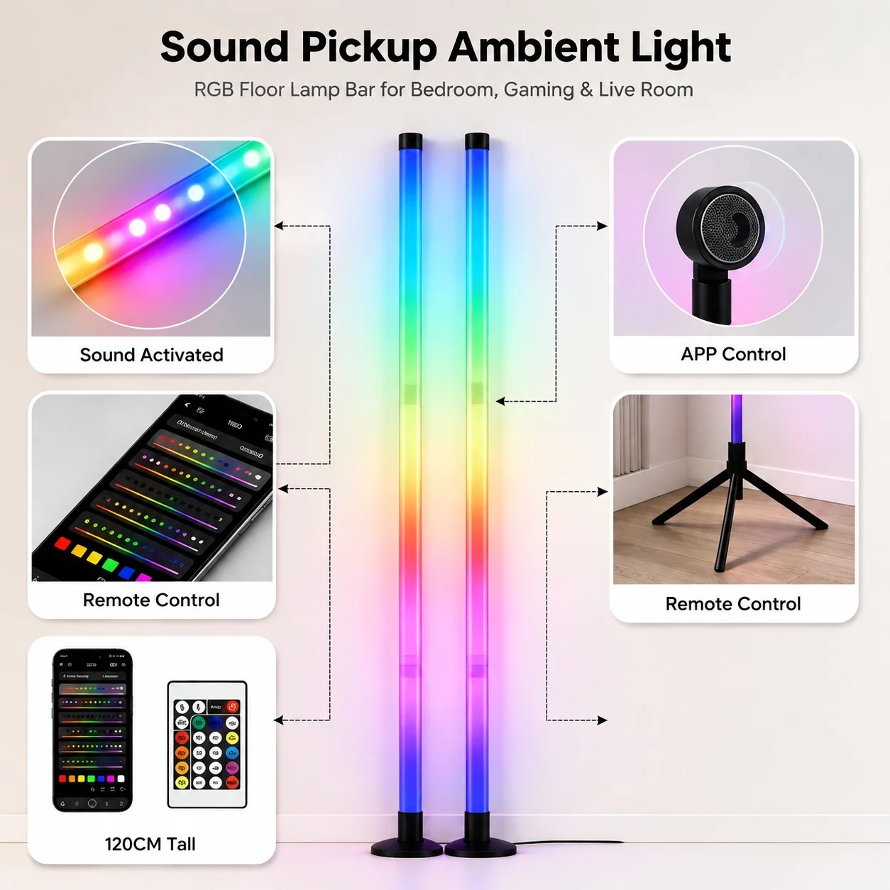 2パックRGB LEDコーナーフロアランプ、120CMサウン - Decor Lighting Pack のレビューと価格