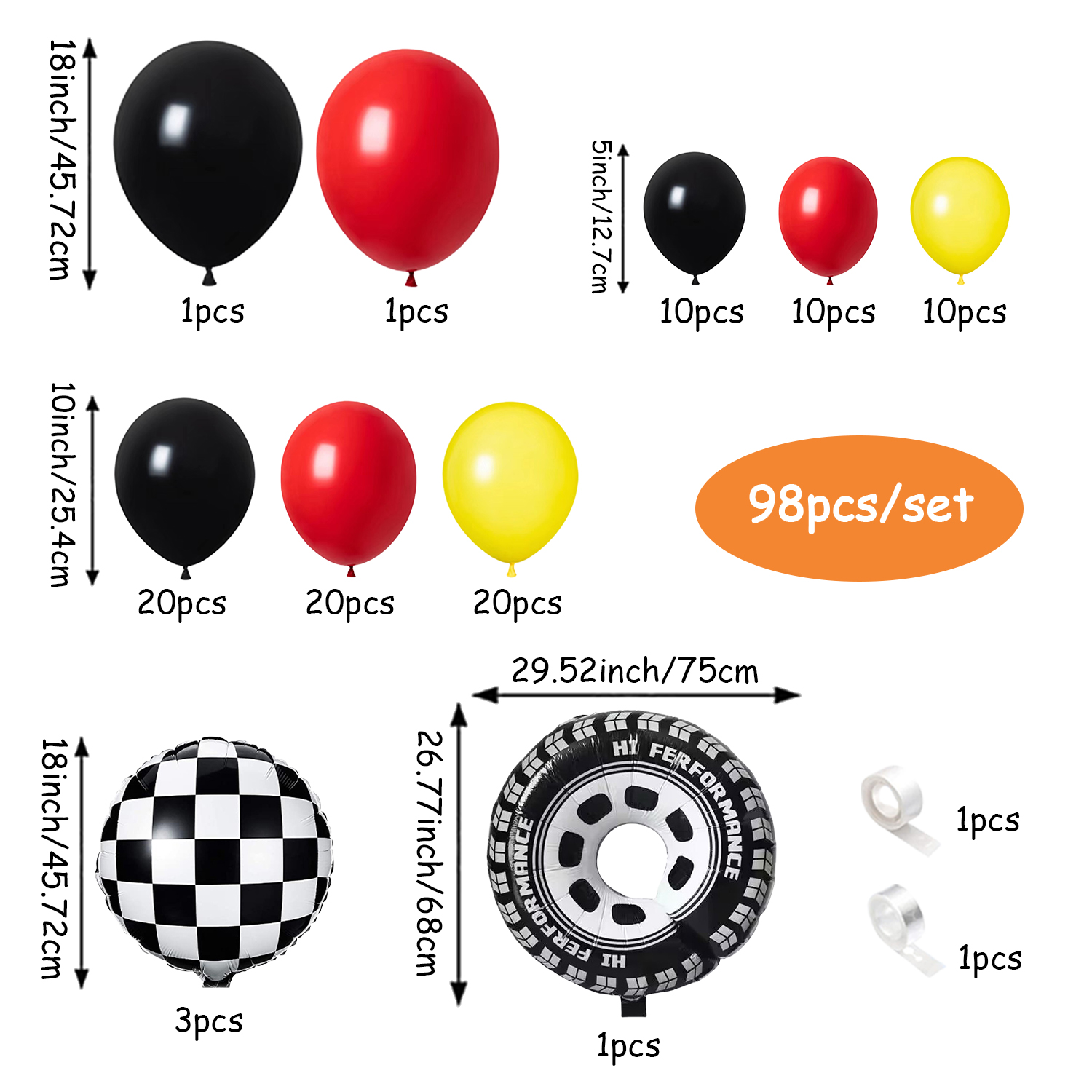 98個の黄色と黒のオールインワン車テーマバルーンガーランドセ - Lighting Mcqueen Birthday Decor のレビューと価格