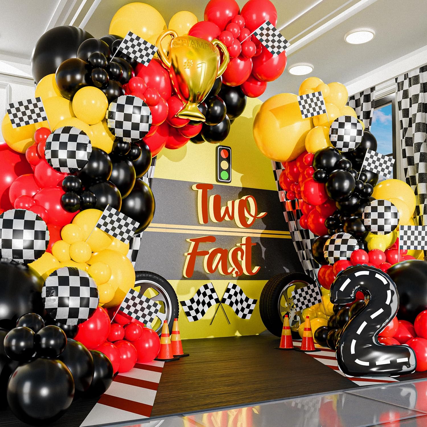 98個の黄色と黒のオールインワン車テーマバルーンガーランドセ - Lighting Mcqueen Birthday Decor のレビューと価格