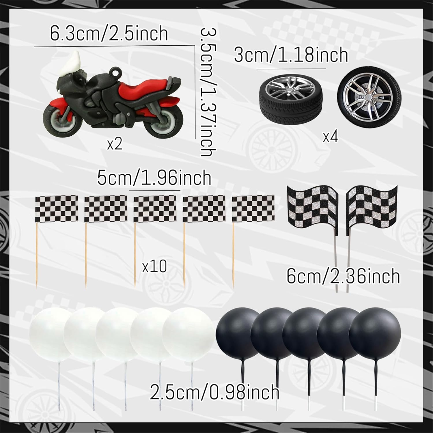 23個入りバイクケーキトッパーデコレーション、ミニバイクタイ - Lighting Mcqueen Birthday Decor のレビューと価格