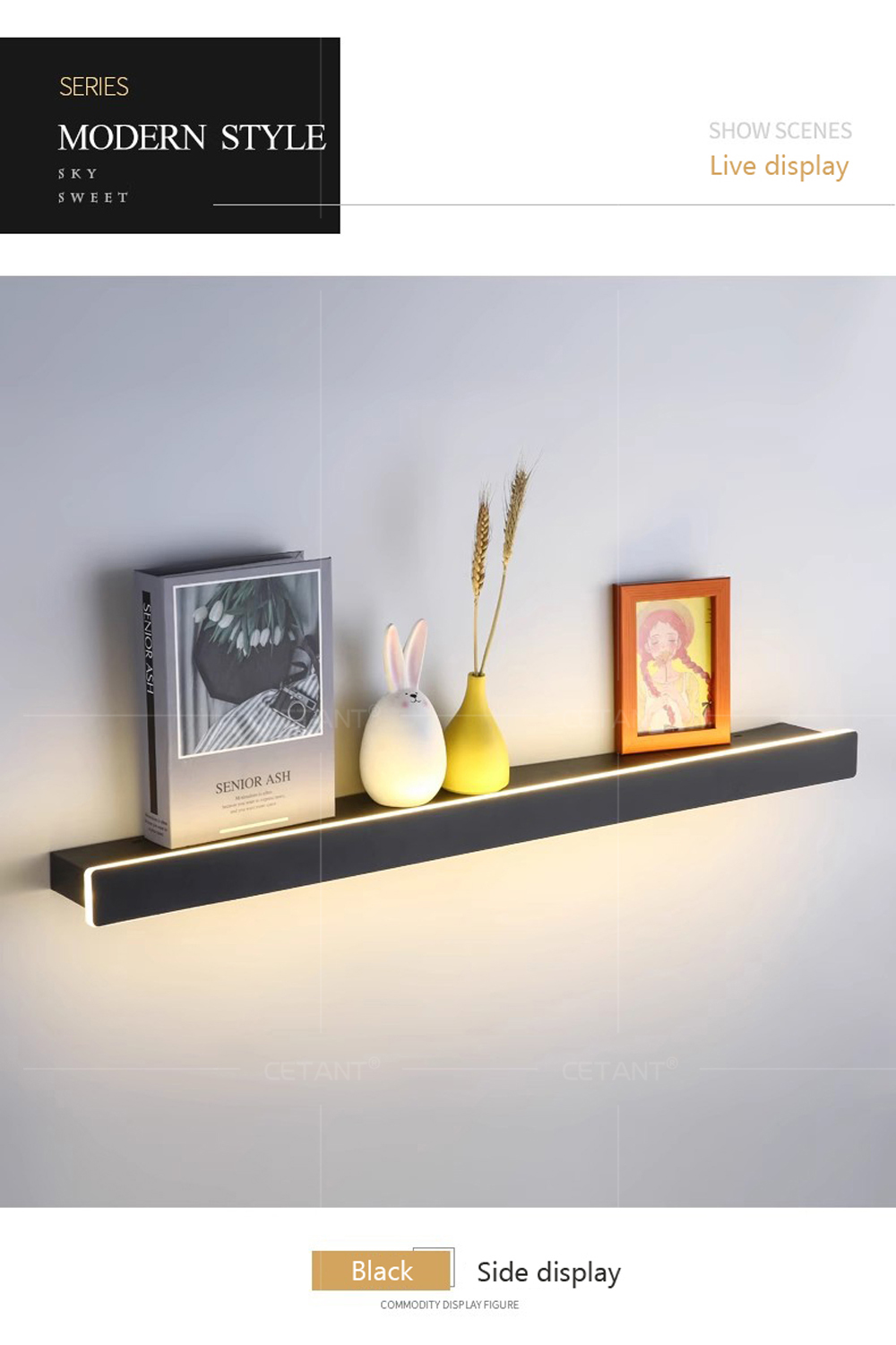 モダンなLED照明付きフローティングウォールシェルフ、アルミ - Lighting Room Decor Photo のレビューと価格