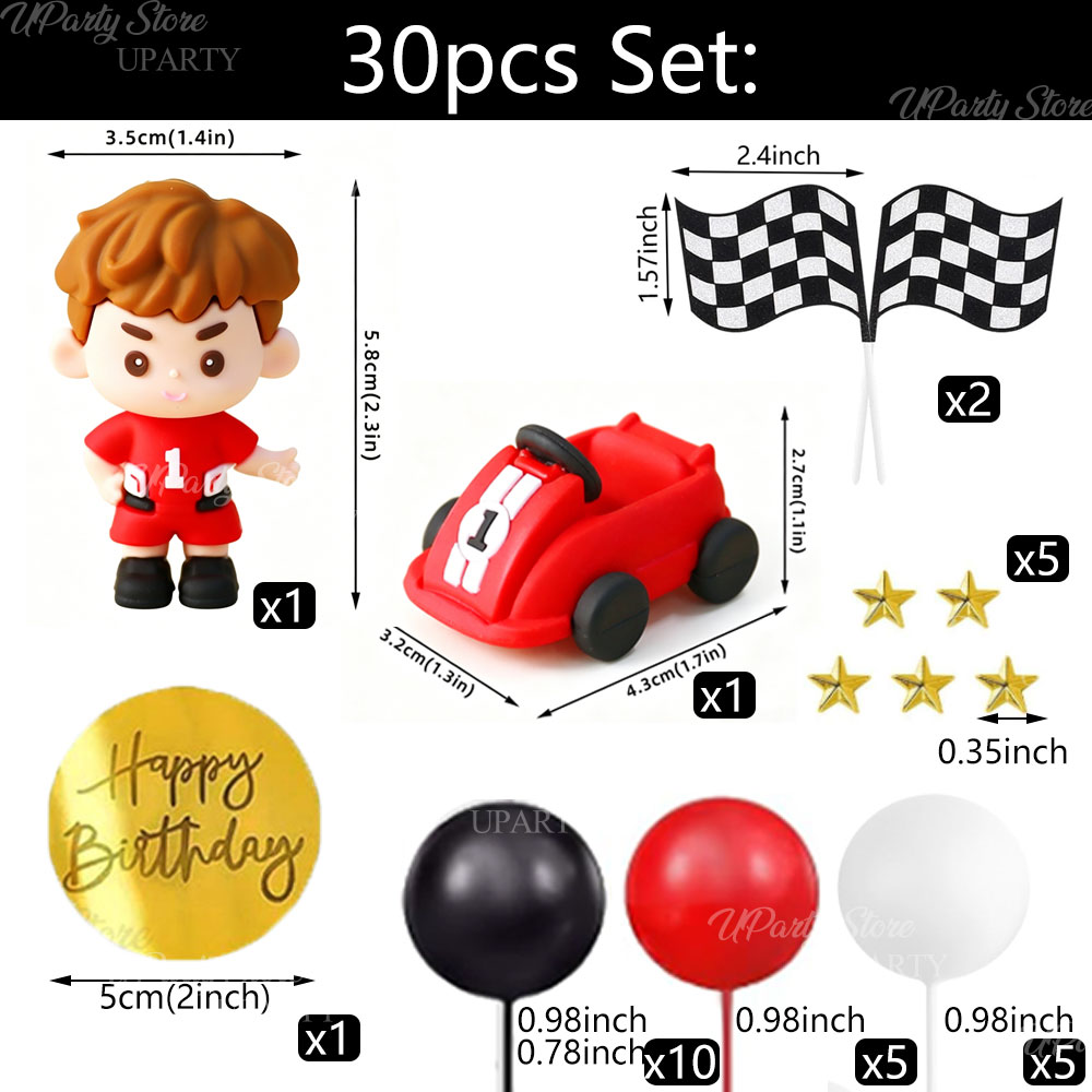 赤いレーシングカーのケーキトッパー、赤白黒のボール、チェッカ - Lighting Mcqueen Birthday Decor のレビューと価格