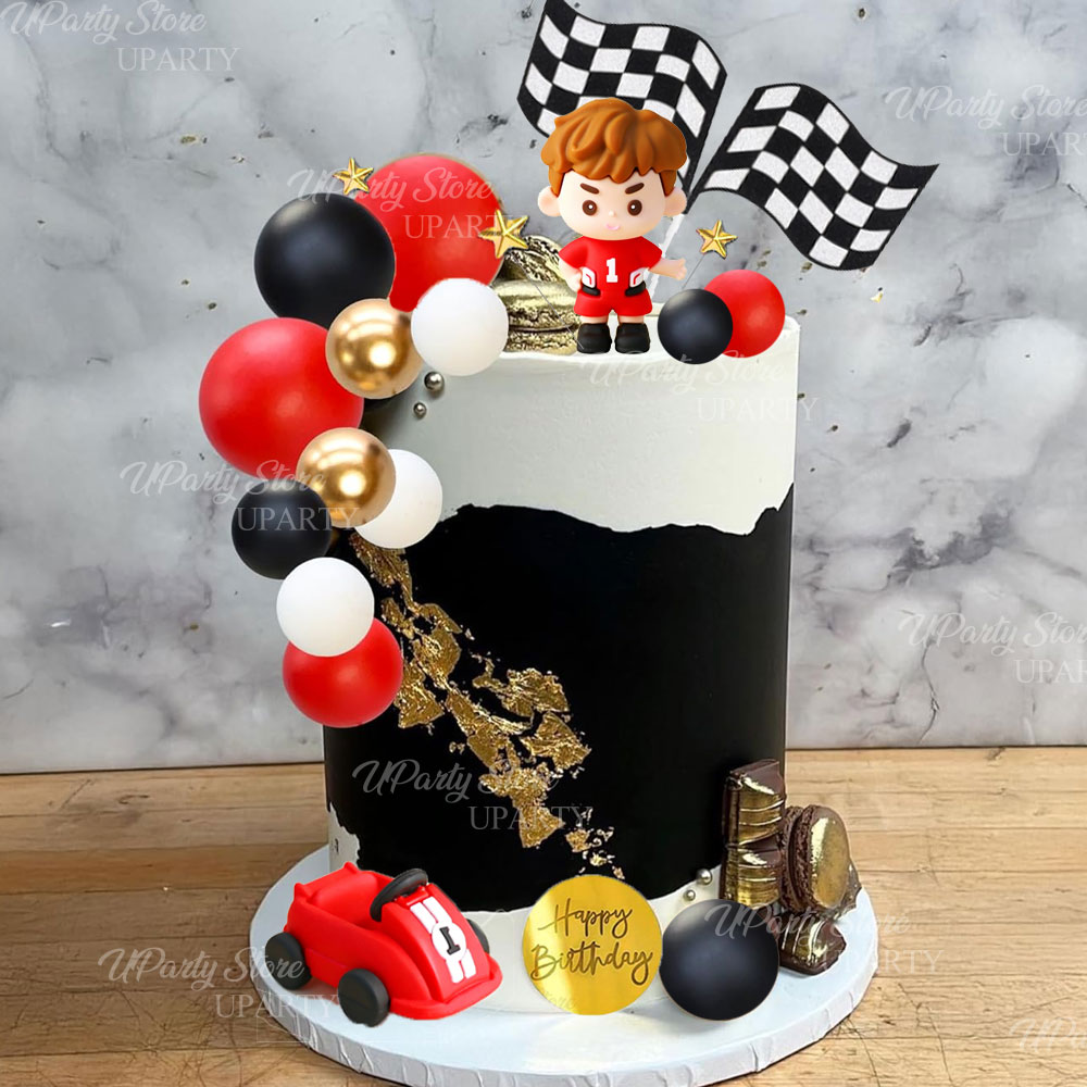 赤いレーシングカーのケーキトッパー、赤白黒のボール、チェッカ - Lighting Mcqueen Birthday Decor のレビューと価格