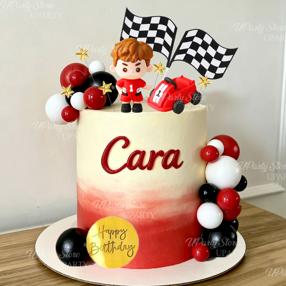 赤いレーシングカーのケーキトッパー、赤白黒のボール、チェッカ - Lighting Mcqueen Birthday Decor のレビューと価格