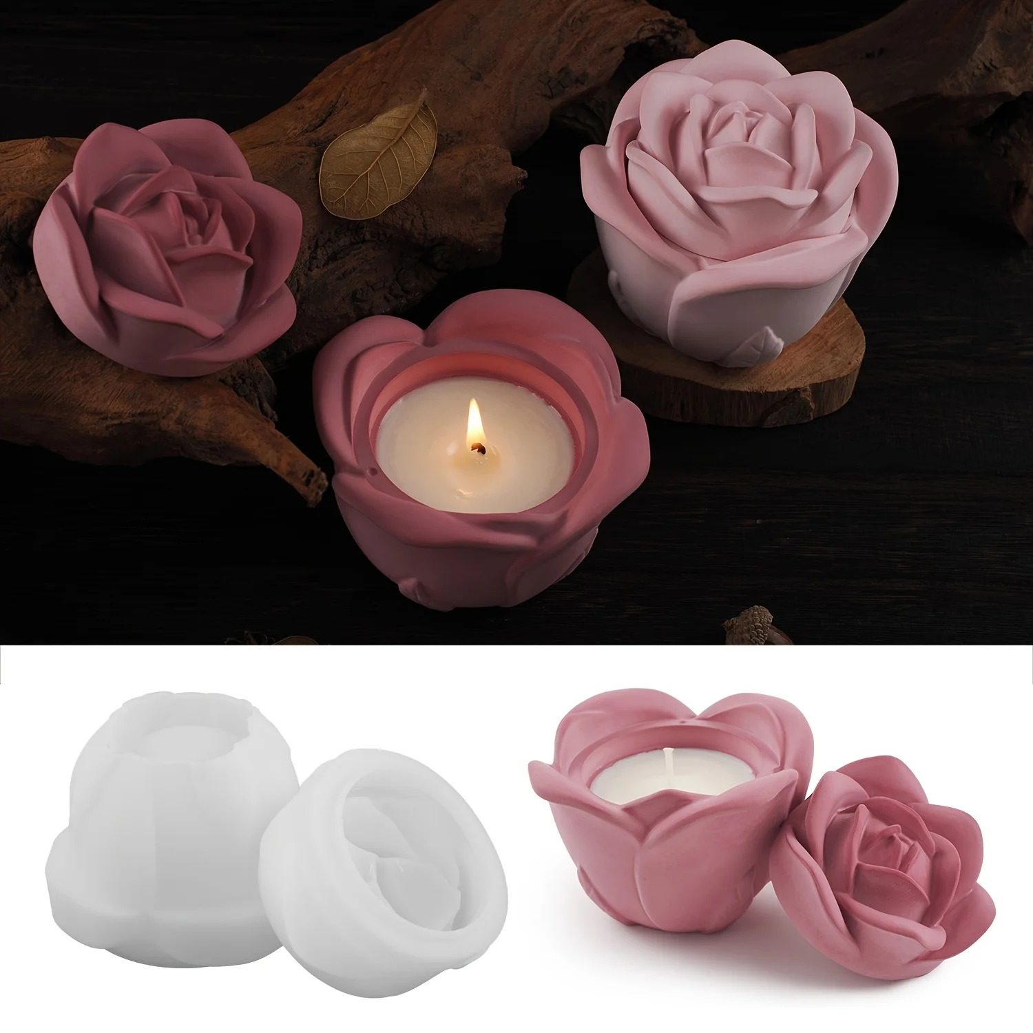 2ピースセット ローズ型シリコンモールド 蓋付き、エポキシ樹 - Candle Holder Set のレビューと価格